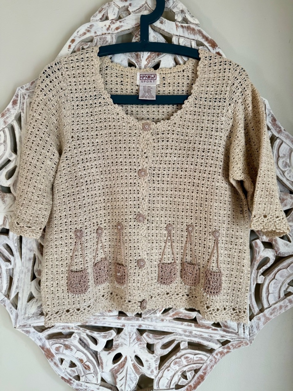 VINTAGE 1980’s PBJ Sport Beige Crochet Button Cardigan with Basket Detail